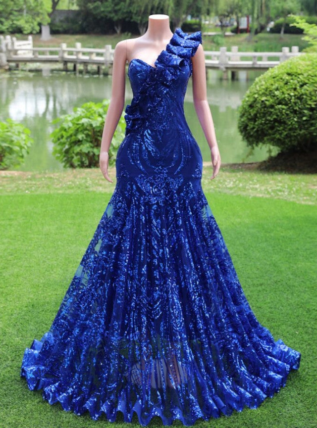 Royal Blue Mermaid Sequins One Shoulder Prom Dress