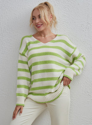 Fashion V-neck Striped Loose Pullover Sweater