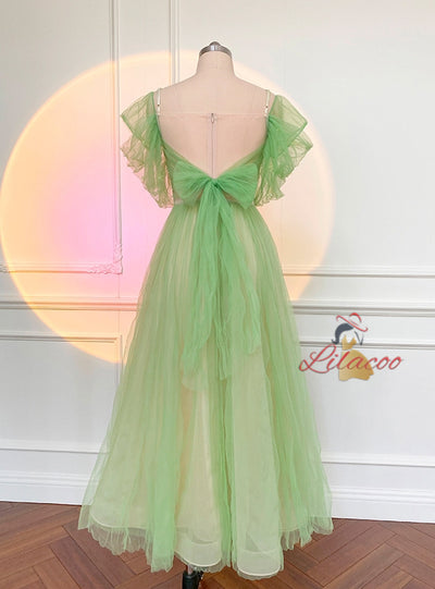 Green Tulle Pleats Flower Prom Dress