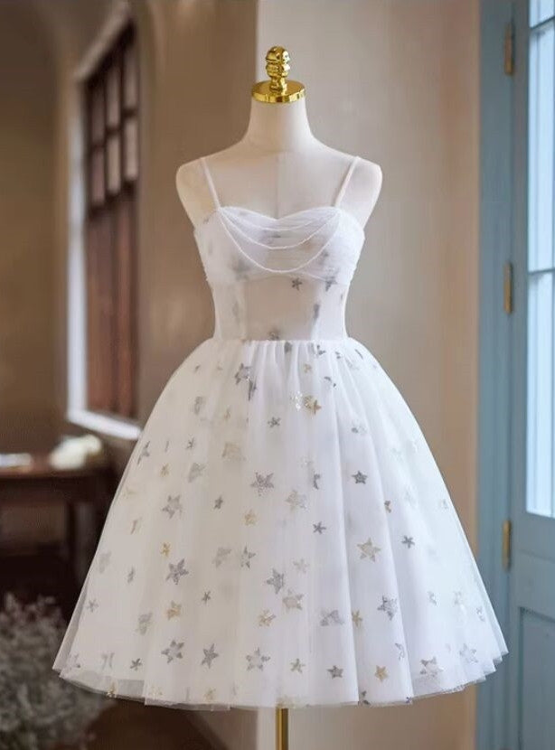 White Tulle Star Sequins Homecoming Dress