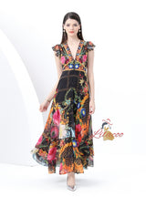 V-neck Slim Breasted Printed Slit Dress