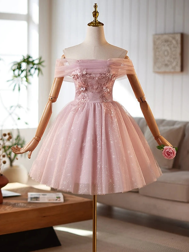 Pink Tulle Sequins Appliques Homecoming Dress