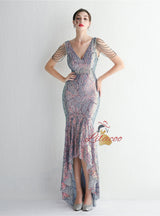 V-neck Sequins Hi Lo Beading Prom Dress