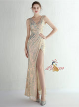Mermaid V-neck Sequins Split Prom Dress