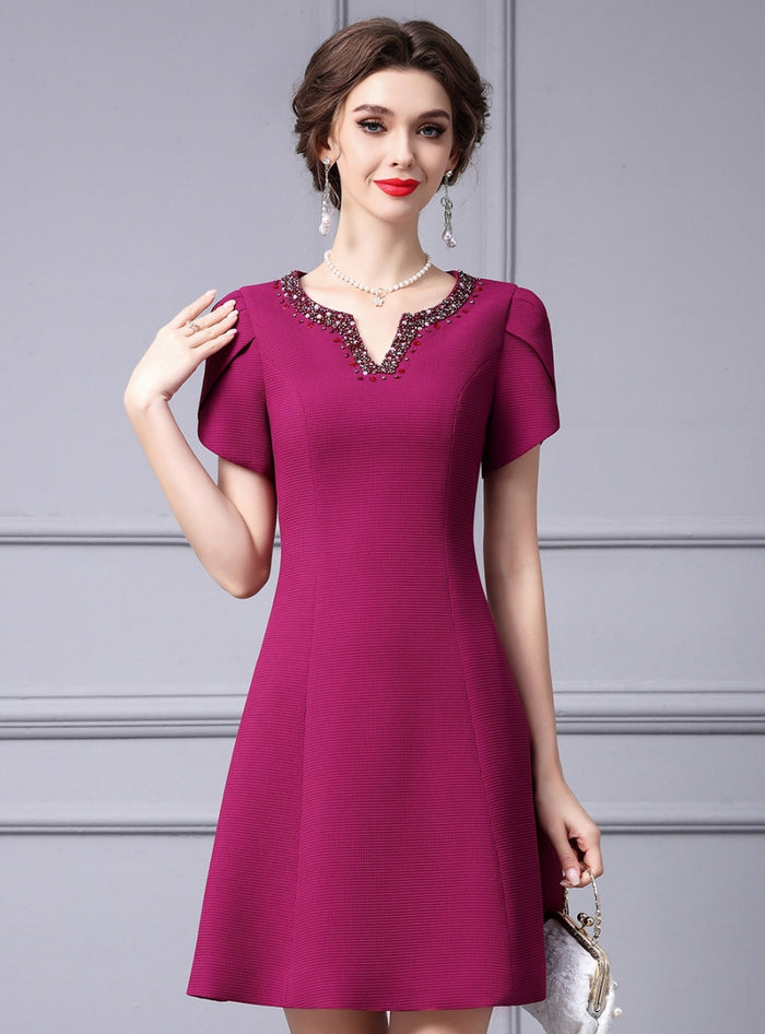 Fuchsia Beading Short Sleeve Mother Of The Bride Dress