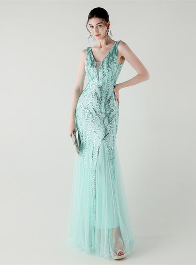 Mermaid Tulle Sequins V-neck Prom Dress
