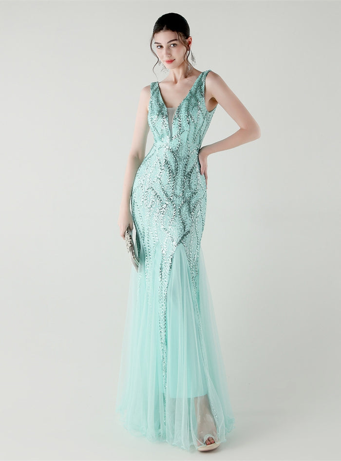 Mermaid Tulle Sequins V-neck Prom Dress