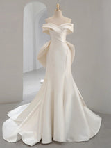 Ivory White Satin Pleats Wedding Dress