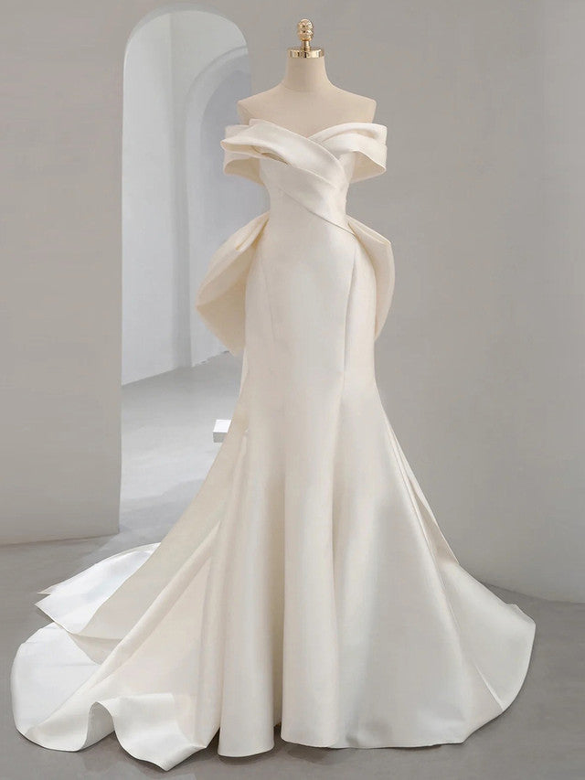 Ivory White Satin Pleats Wedding Dress