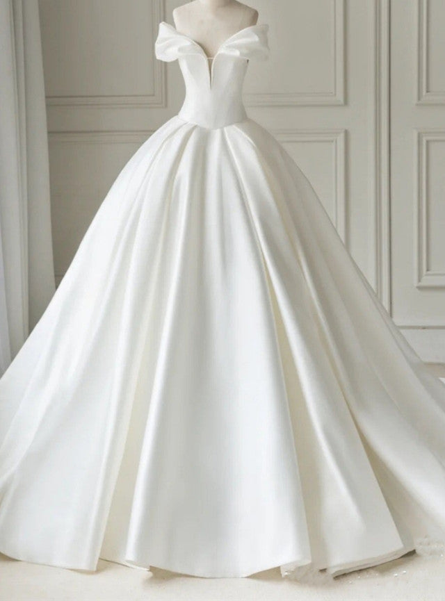 White Satin Off the Shoulder Wedding Dress