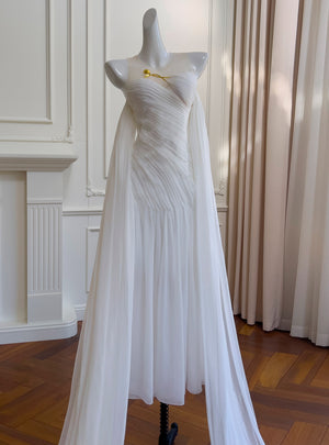 White Chiffon Pleats Prom Dress