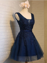 Navy Blue Tulle V-neck Appliques Homecoming Dress