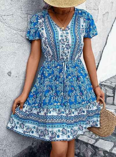 V-neck Ethnic Floral Dress