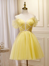 Yellow Tulle Straps Pleats Homecoming Dress