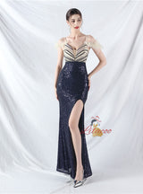 Spaghetti Straps Sequins Split Prom Dress