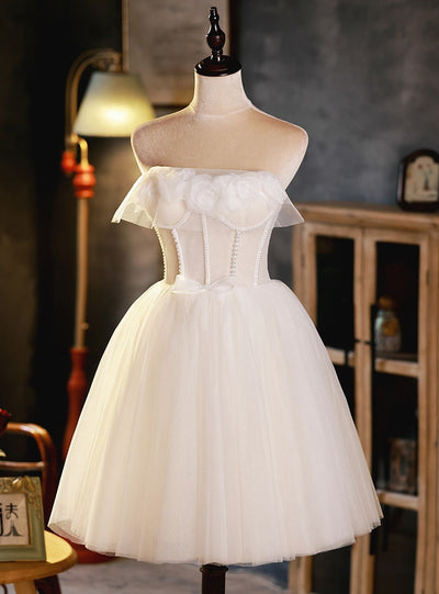 Ivory White Tulle Pearls Homecoming Dress