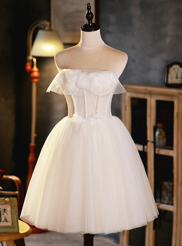 Ivory White Tulle Pearls Homecoming Dress
