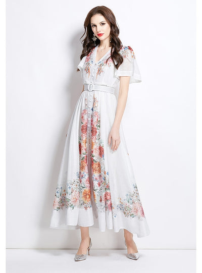 Deep V-neck Button Printed Holiday Dress