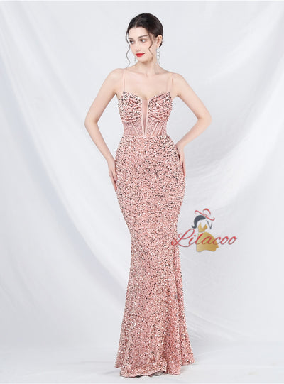 Mermaid Sequins Lace Spaghetti Straps Prom Dress