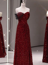 Burgundy Sequins Split Pleats Prom Dress