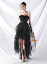 Hi Lo Tulle Strapless Sequins Prom Dress