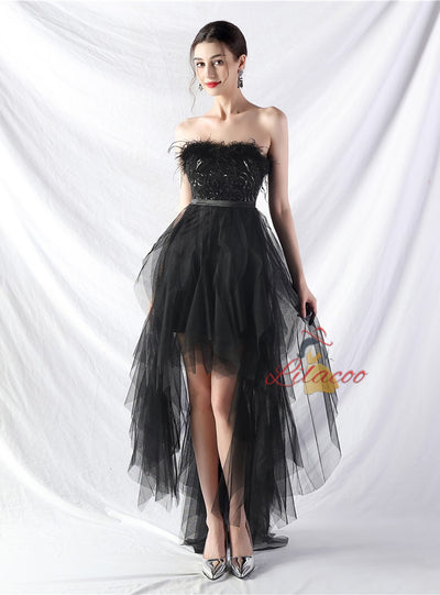 Hi Lo Tulle Strapless Sequins Prom Dress
