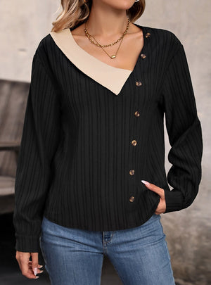 Contrast Stitching V-neck Long Sleeve Button Top