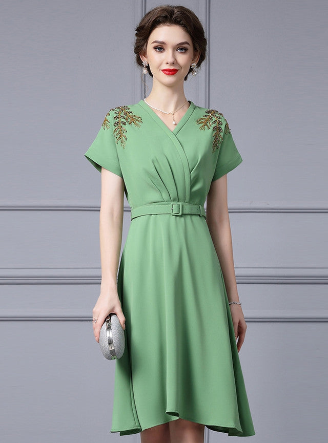 Green V-neck Beading Mother Of the Brides Dress