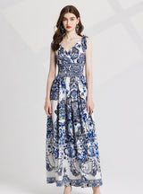 Retro Porcelain Backless Chiffon V-neck Dress