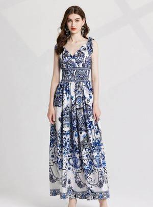 Retro Porcelain Backless Chiffon V-neck Dress