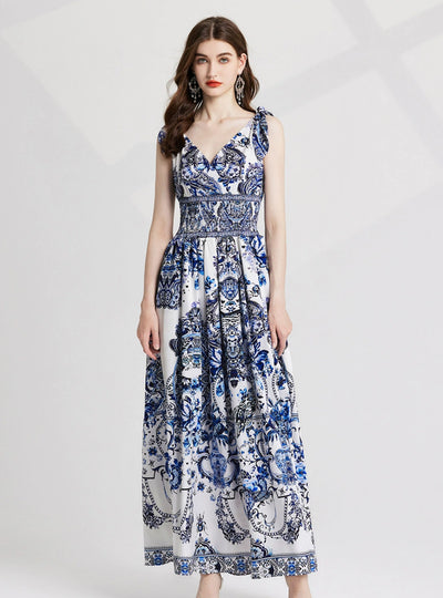 Retro Porcelain Backless Chiffon V-neck Dress