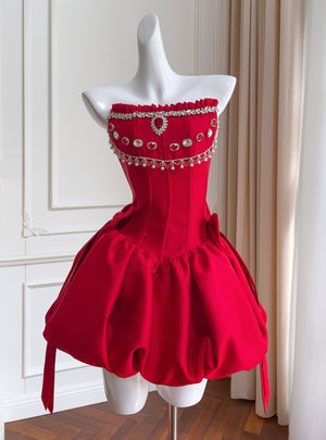 Red Satin Strapless Beading Prom Dress