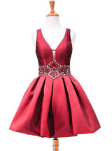 Burgundy Satin Beading V-neck Homecoming Dress