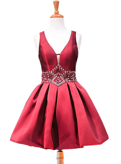 Burgundy Satin Beading V-neck Homecoming Dress