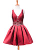 Burgundy Satin Beading V-neck Homecoming Dress