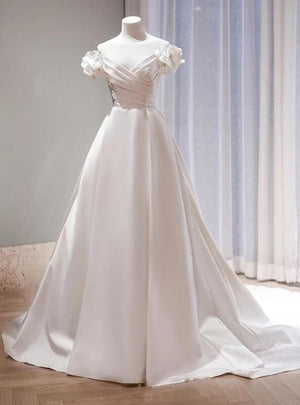 White Satin Off the Shoulder Flower Pleats Wedding Dress