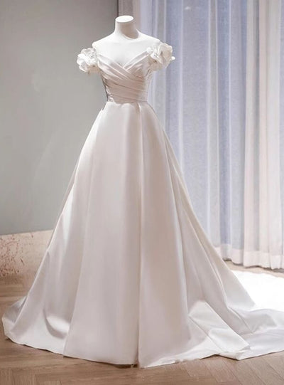 White Satin Off the Shoulder Flower Pleats Wedding Dress