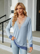 V-neck Contrast Split Loose Long Sleeve T-shirt