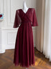Burgundy Chiffon V-neck Pleats Prom Dress