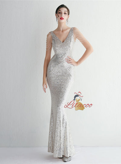 Mermaid Sequins V-neck Beading Prom Dress