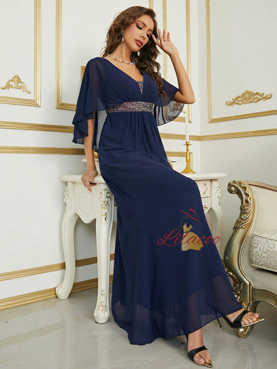 Navy Blue Chiffon V-neck Prom Dress