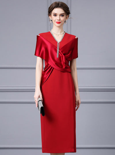 V-neck Satin Beading Mother Of The Bride Dress