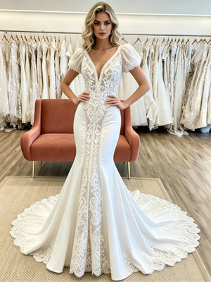 White Mermaid V-neck Puff Sleeve Appliques Wedding Dress