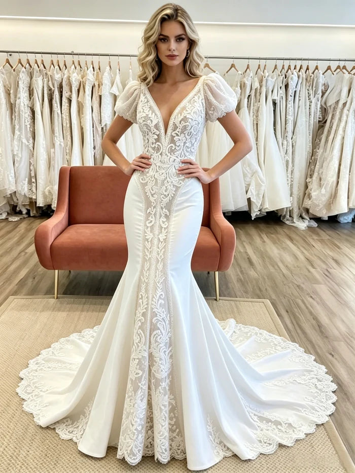 White Mermaid V-neck Puff Sleeve Appliques Wedding Dress