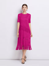 Short-sleeved Fringed Pleated Dress