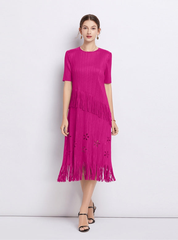 Short-sleeved Fringed Pleated Dress