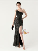 Mermaid One Shoulder Sequins Feather Prom Dress