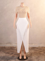 Champagne White Short Sleeve Pearls Prom Dress