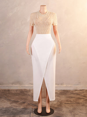 Champagne White Short Sleeve Pearls Prom Dress