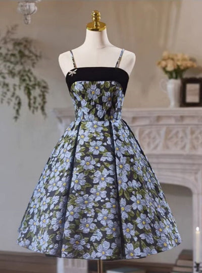 Fashion Black Print Spaghetti Straps Homecoming Dress